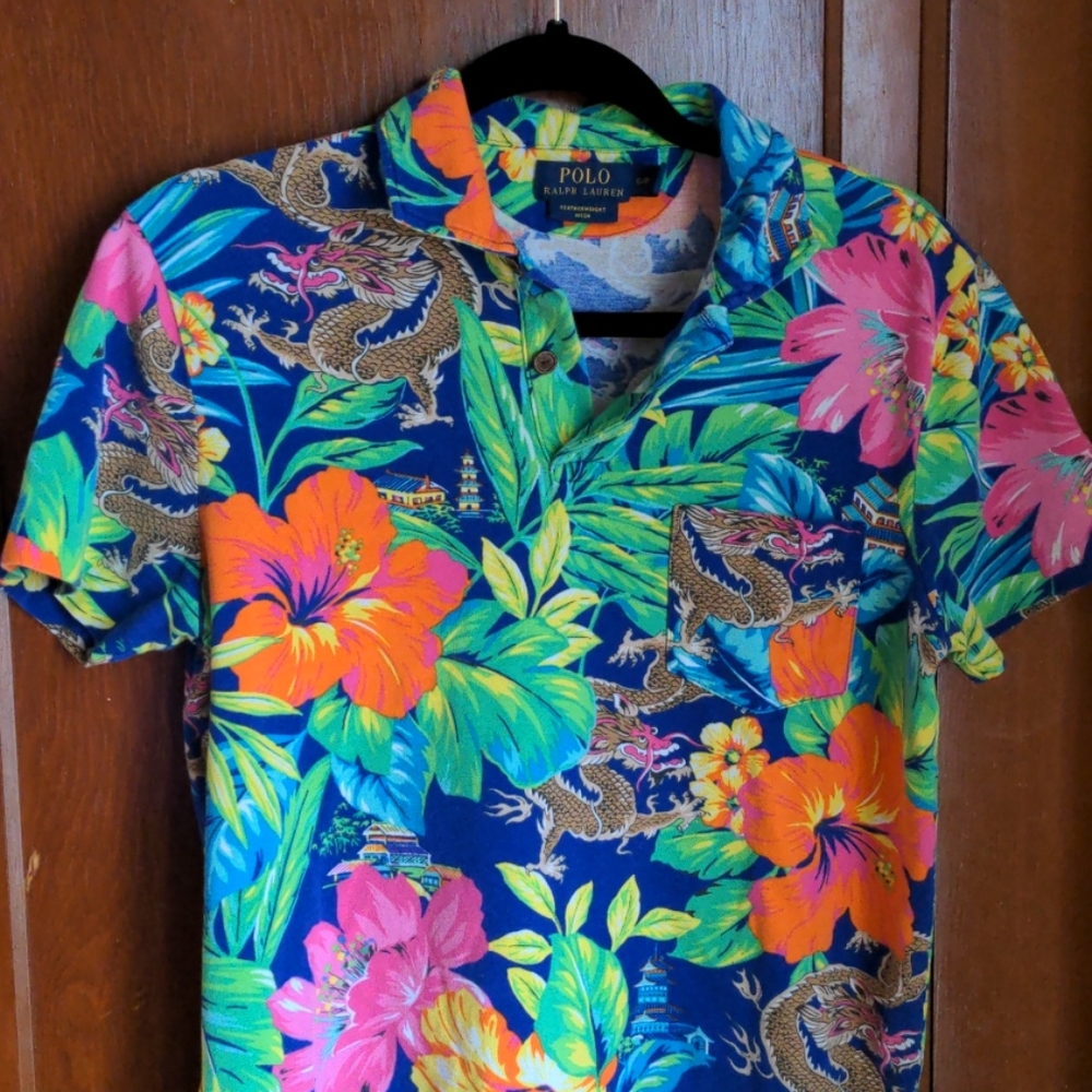 Dragon and tropical Hawaiian print Polo